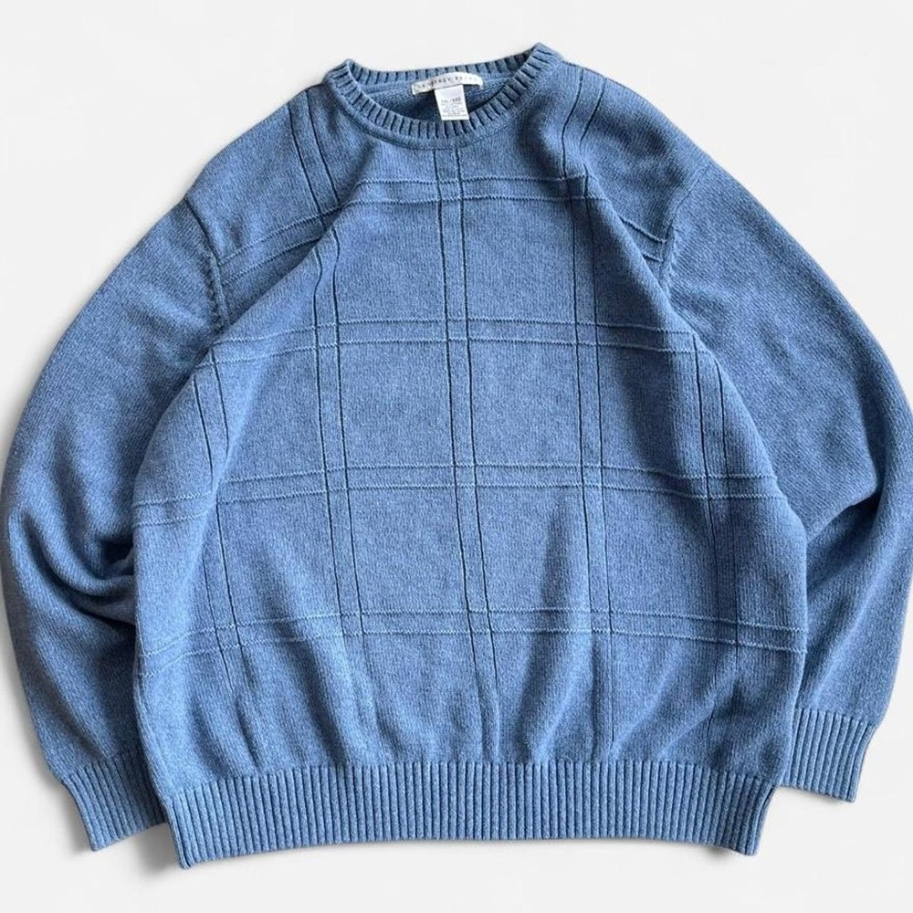 Vintage Light Blue Cotton Knit Geoffrey Beene Crewneck Pullover Sweater XXL